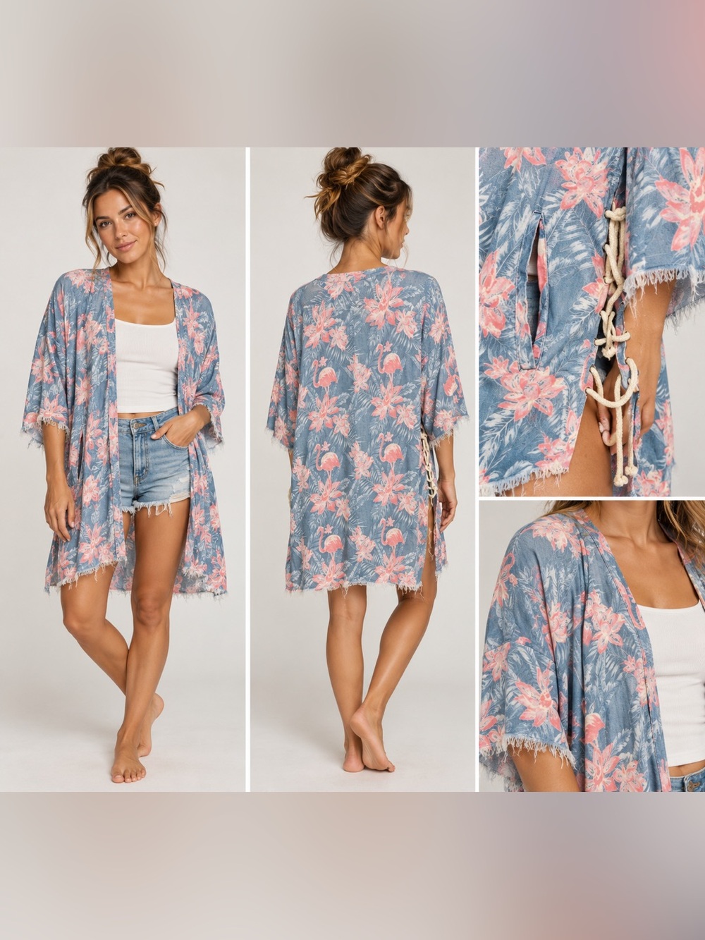 Floral Kimono Robe in Blue with Pink Print